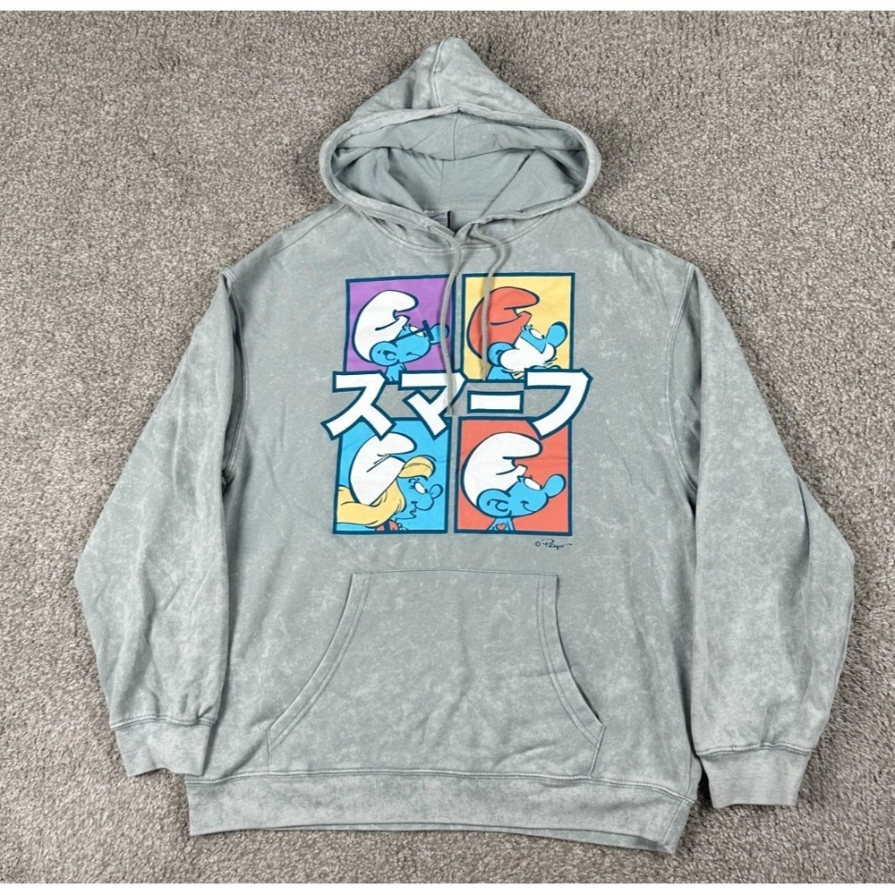 Smurfs Hoodie Mens Large Gray Pullover Fleece Sweatshirt Relaxed Fit Mad Engine